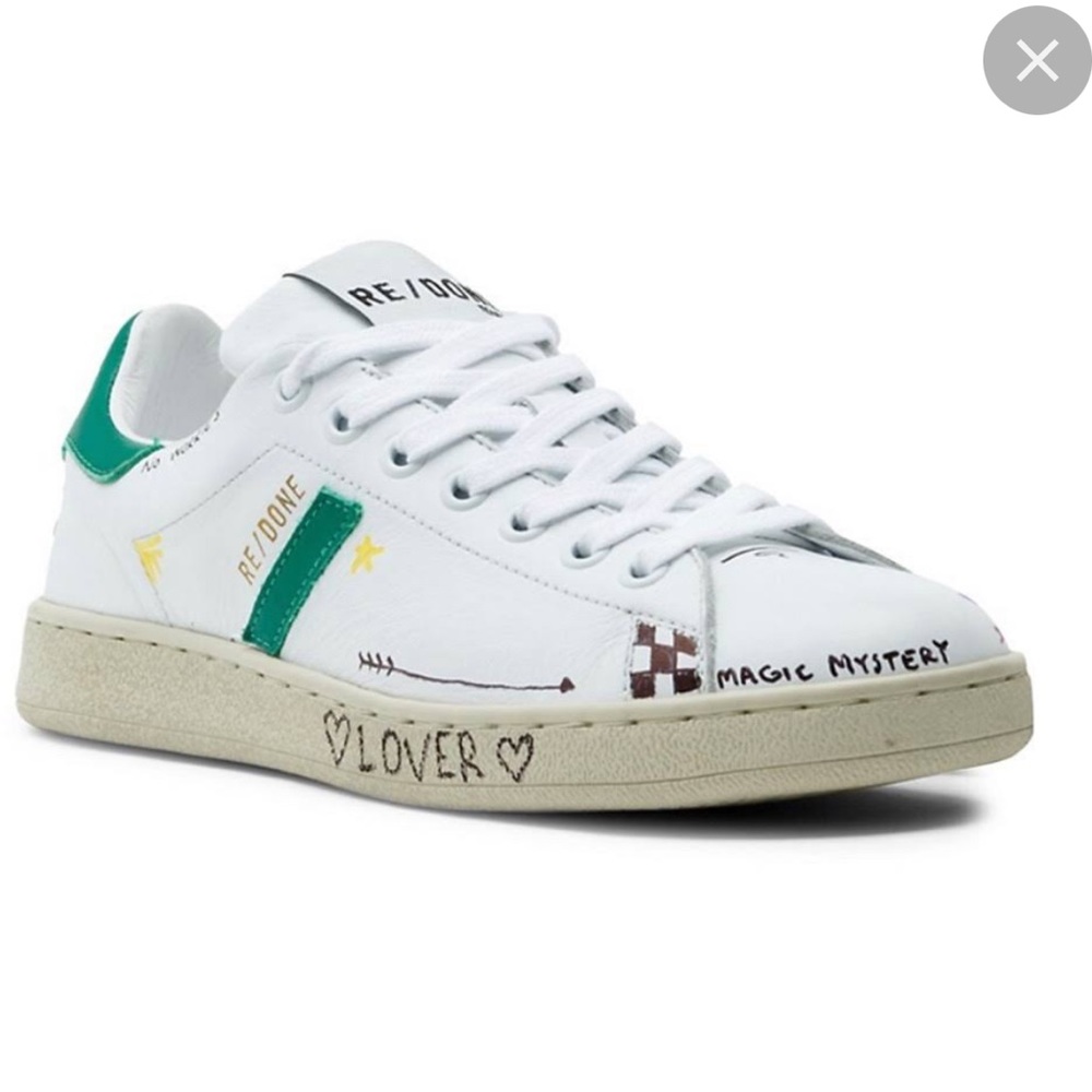 redone 70s tennis shoes (green and white with doodles)